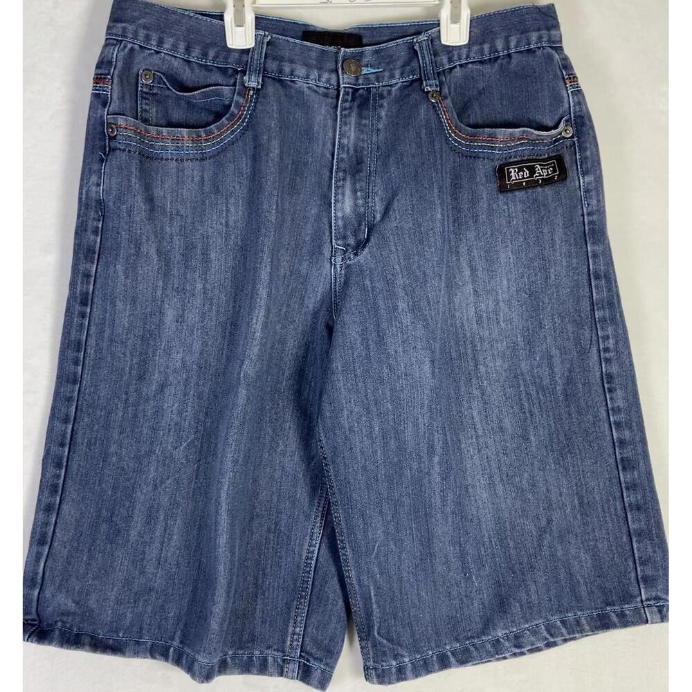 Vintage Y2K Red Ape Embroidered Denim Jean Shorts Size 38 Baggy Hip Hop Plaid - Picture 8 of 16